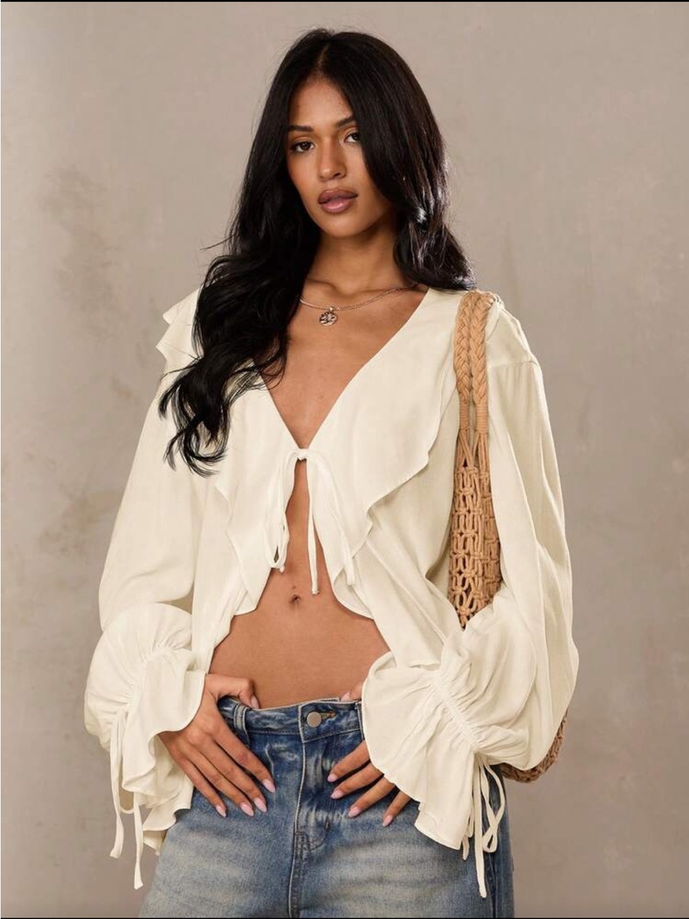 Free People Apricot Ruffle Tie-Front Blouse